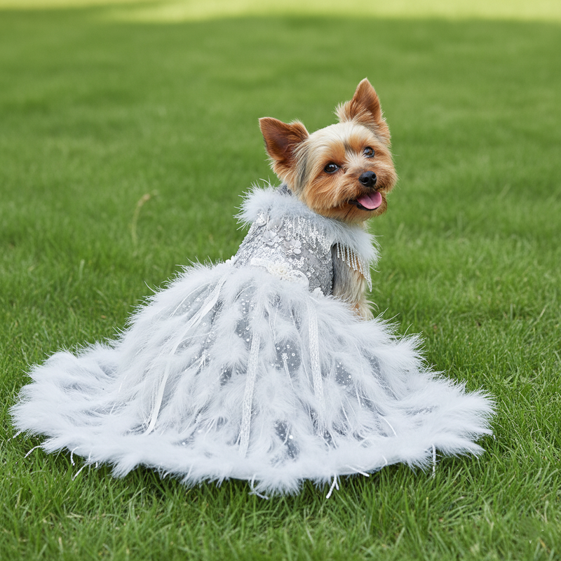 Feather Fantasy Pet Gown | Luxury Dog Dress for Special Occasions