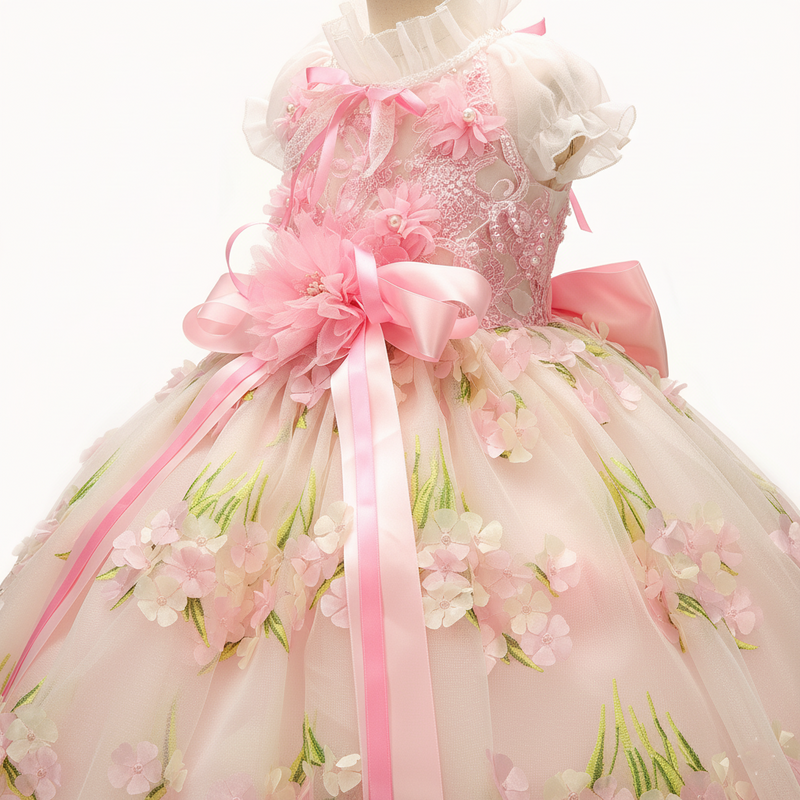 Pet Dress Pink Floral Tulle Gown with Bow