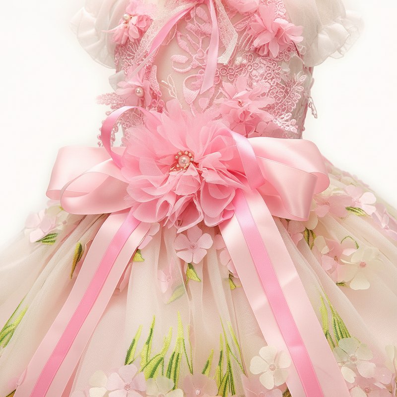 Pet Dress Pink Floral Tulle Gown with Bow