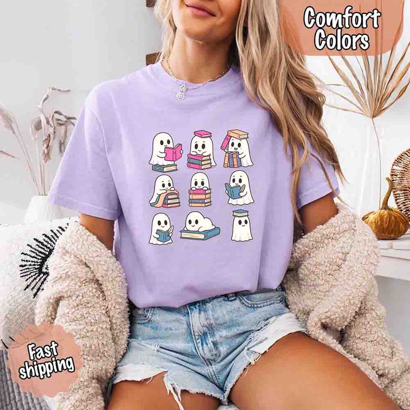 Ghost Reading Comfort Colors Shirt – Spooky Book Lover Halloween Tee