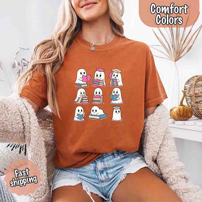 Ghost Reading Comfort Colors Shirt – Spooky Book Lover Halloween Tee