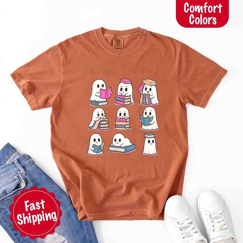 Ghost Reading Comfort Colors Shirt – Spooky Book Lover Halloween Tee