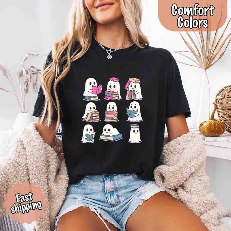 Ghost Reading Comfort Colors Shirt – Spooky Book Lover Halloween Tee