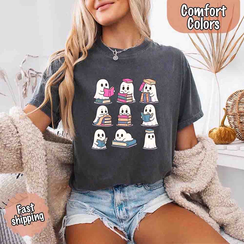 Ghost Reading Comfort Colors Shirt – Spooky Book Lover Halloween Tee