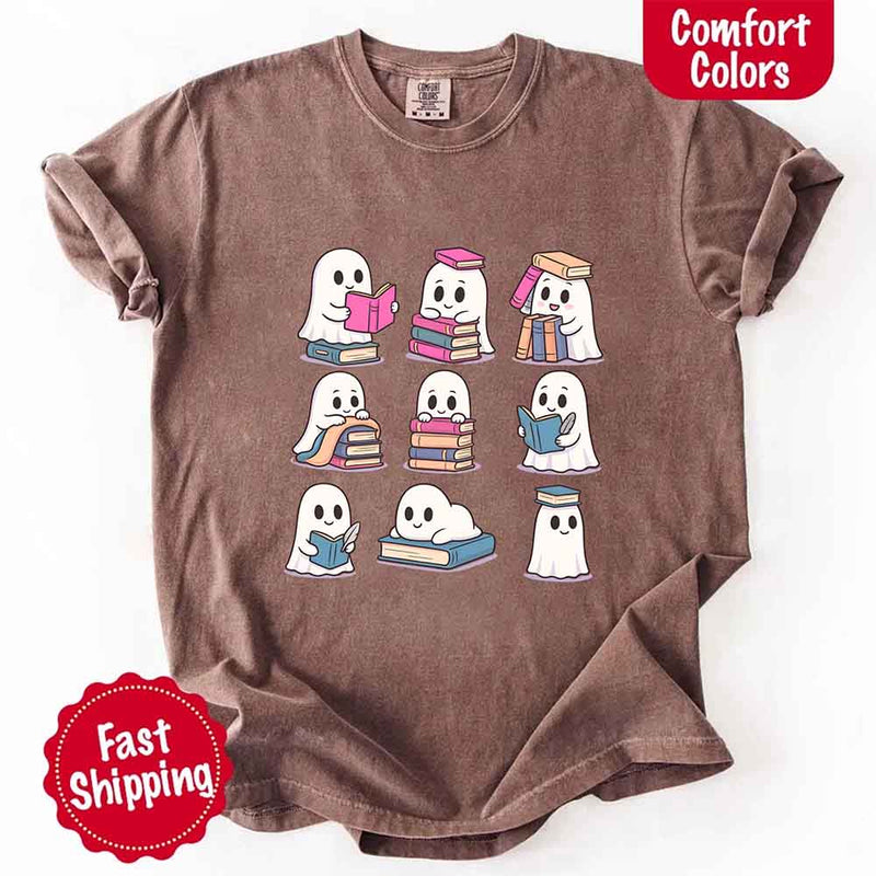 Ghost Reading Comfort Colors Shirt – Spooky Book Lover Halloween Tee