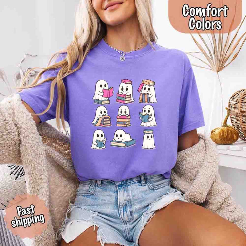 Ghost Reading Comfort Colors Shirt – Spooky Book Lover Halloween Tee