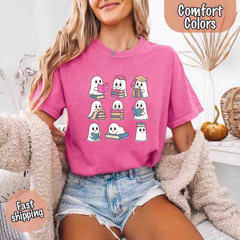 Ghost Reading Comfort Colors Shirt – Spooky Book Lover Halloween Tee