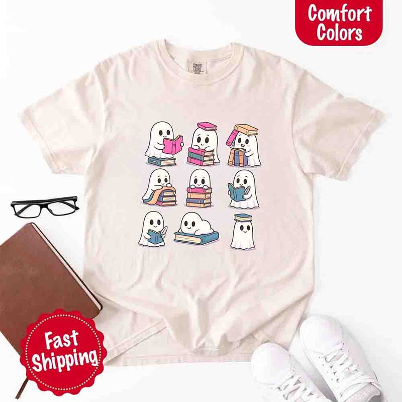 Ghost Reading Comfort Colors Shirt – Spooky Book Lover Halloween Tee