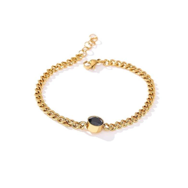 Link Chain Bracelet  with Black Crystal Charm