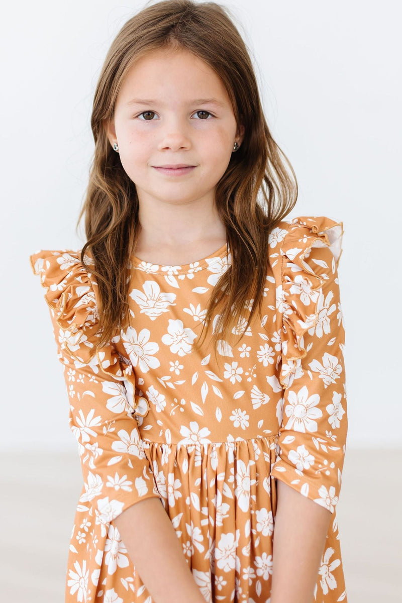 Golden Blooms 3/4 Sleeve Ruffle Twirl Dress