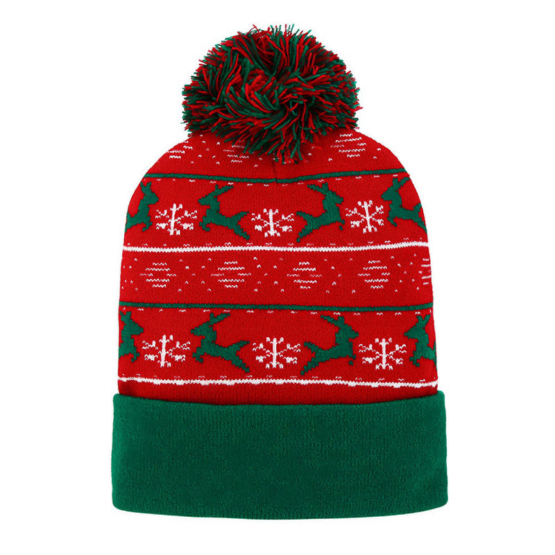 Reindeer Snowflake Pattern Pom Pom Winter Beanie Hat