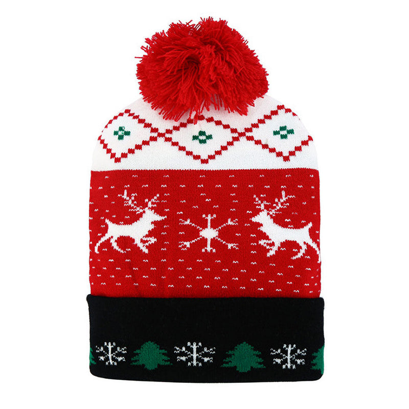 Reindeer Snowflake Christmas Tree Pattern Pom Pom Winter Beanie Hat