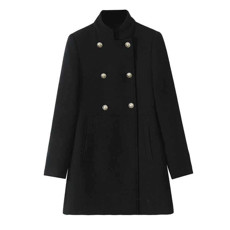 Autumn and Winter Gold Button Double-breasted Stand-up Collar Long-sleeved Coat Jacket