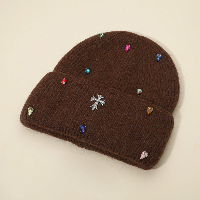 Women's Rhinestone Cross Accent Teardrop Stone Cluster Embellished Knit Beanie Hat