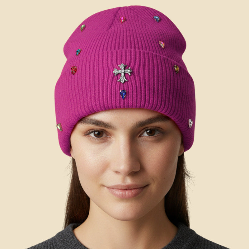 Women's Rhinestone Cross Accent Teardrop Stone Cluster Embellished Knit Beanie Hat