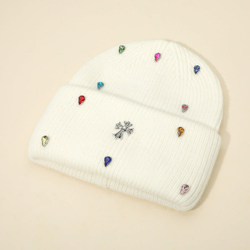 Women's Rhinestone Cross Accent Teardrop Stone Cluster Embellished Knit Beanie Hat