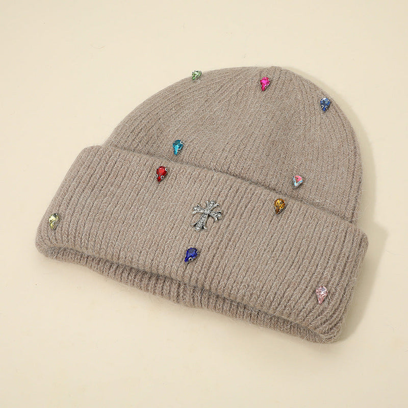 Women's Rhinestone Cross Accent Teardrop Stone Cluster Embellished Knit Beanie Hat