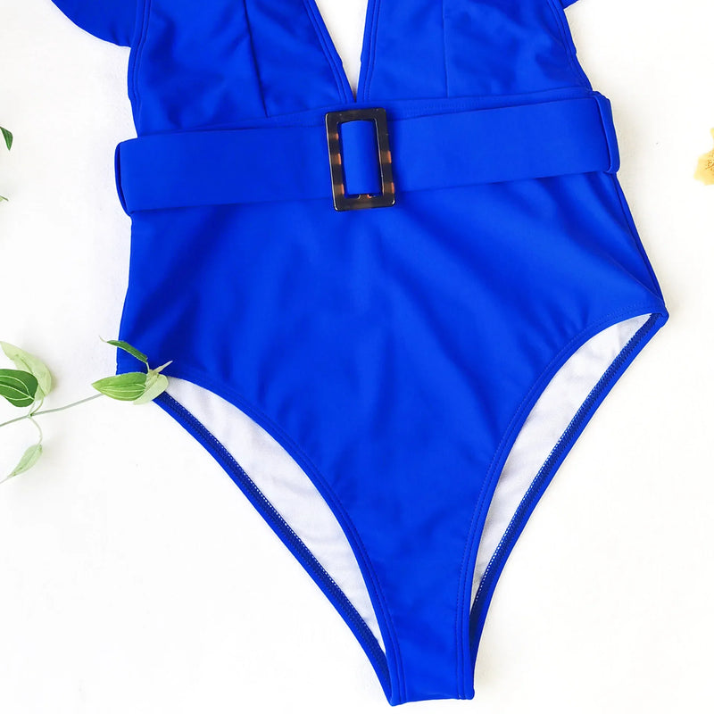 Sexy One Piece Swimsuit 2025 White Deep-V Neck Swimwear Women Black Beach High Cut Ruffles Monokini Buckle Bathing Suit Bodysuit
