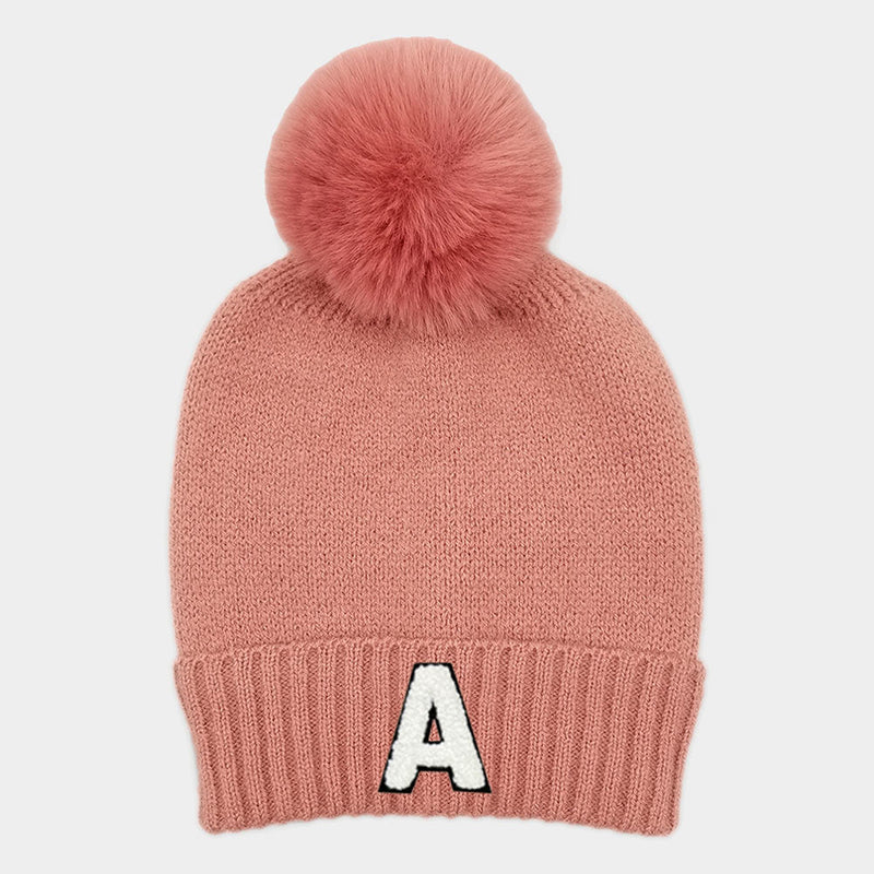 -A- Initial Monogram Faux Fur Pom Pom Knit Beanie Hat