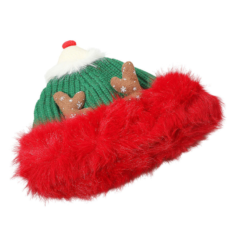 Fuzzy Fur Antlers Accent Christmas Knit Beanie Hat