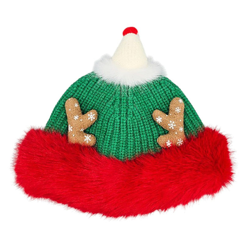 Fuzzy Fur Antlers Accent Christmas Knit Beanie Hat