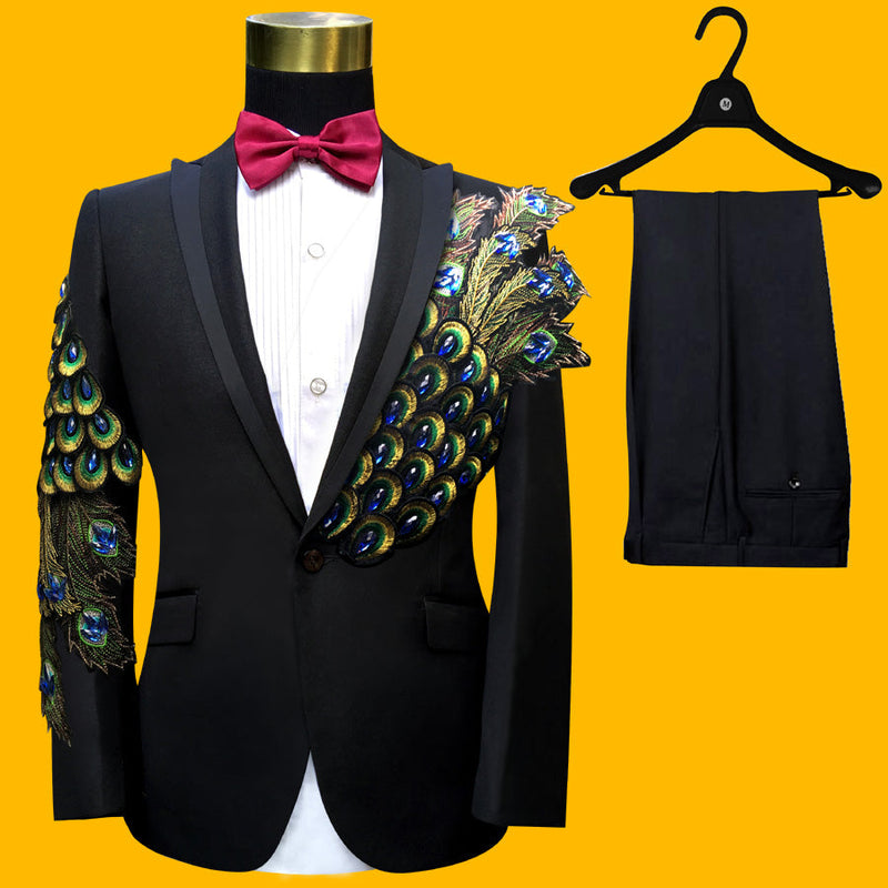 Blue Embroidered Slim Fit Blazer 4 Pcs Suit Men's