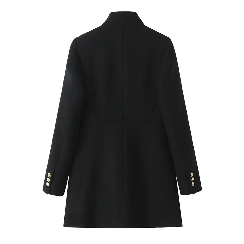Autumn and Winter Gold Button Double-breasted Stand-up Collar Long-sleeved Coat Jacket