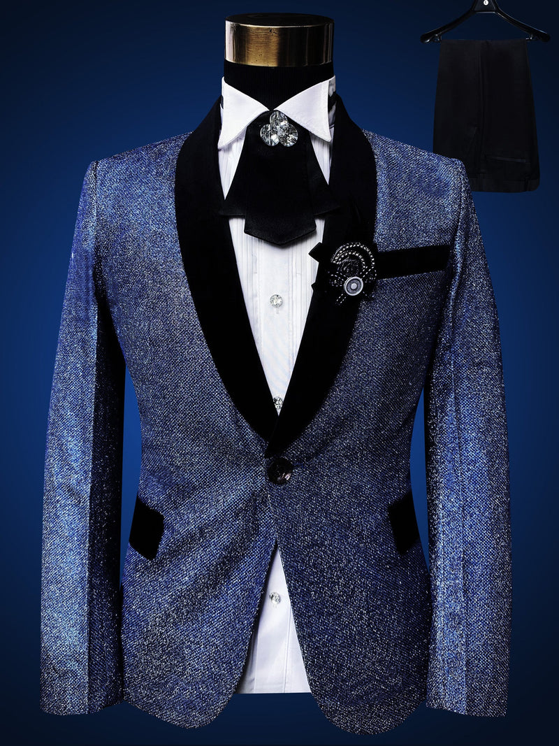 Blue Embroidered Slim Fit Blazer 4 Pcs Suit Men's