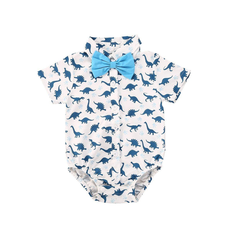 Newborn Boys Bodysuits Bow Short Sleeve Print Single Breasted Jumpsuits Shirt For Baby With Elegant Bow