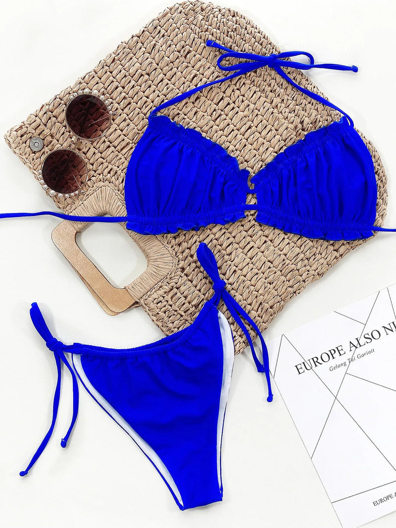 Pleated Swimsuit Women Hollow Out Bandage Ruffles Push Up Triangle Bikini Brazilian Black Green Bathing Suit Micro Swimwear 2025
