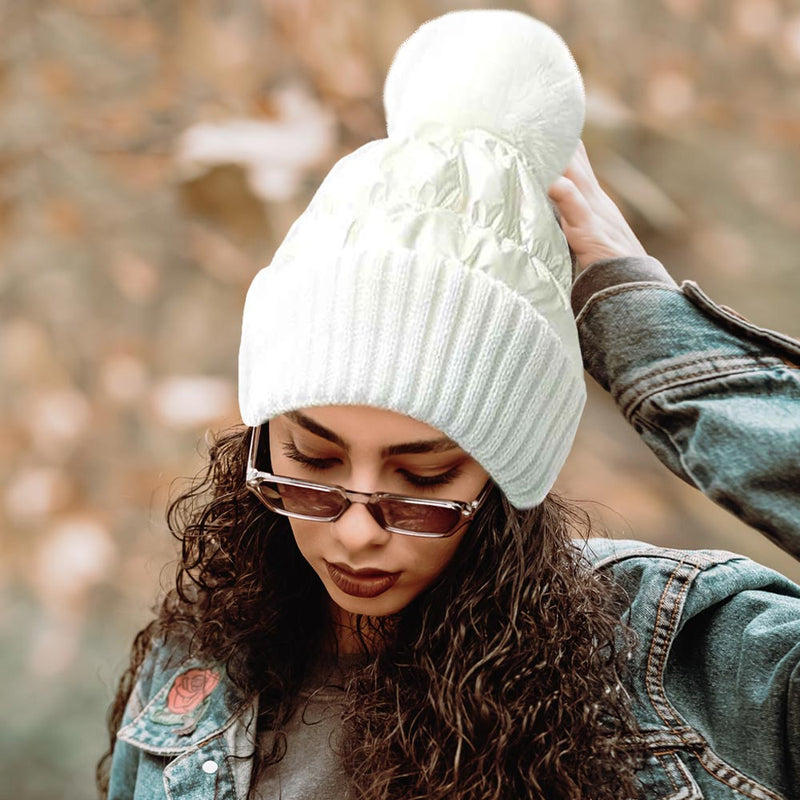Women's Fleece Lining Puffer Knit Pom Beanie Hat