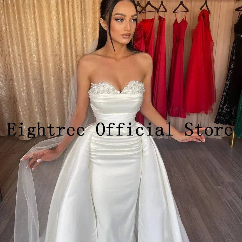 Eightree Sexy White Wedding Dresses Lace Sweetheart Detachable Train Bride Dress Mermaid Satin Wedding Evening Gowns Customized