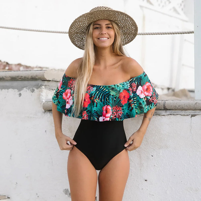 2025 New Sexy Off The Shoulder Solid Swimwear Women One Piece Swimsuit Female Bathing Suit Ruffle Monokini Swim Wear XL