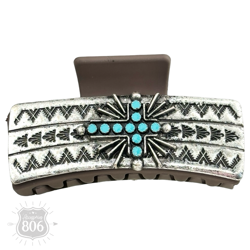 Western turquoise cross hair clip
