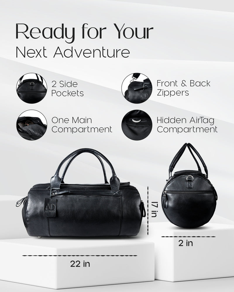Genuine Leather Travel Duffel Bag – Shoe Compartment, Hidden AirTag Pocket