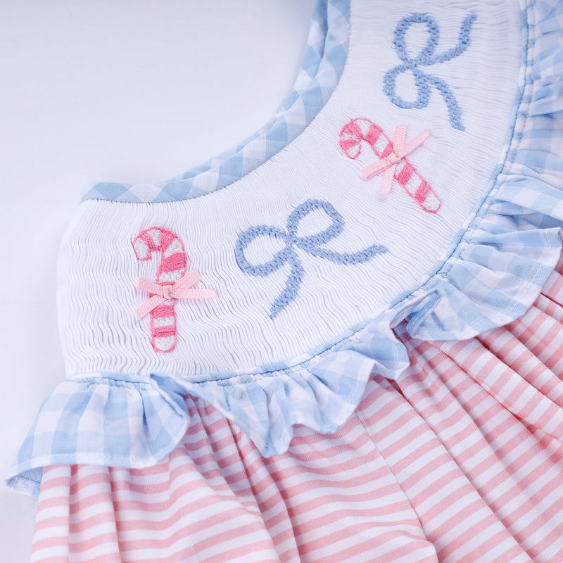 Pink candy cane bow hand smocked ruffle dress