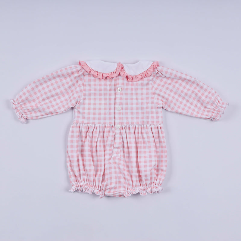 Pink gingerbread hand smocked gingham ruffle bubble