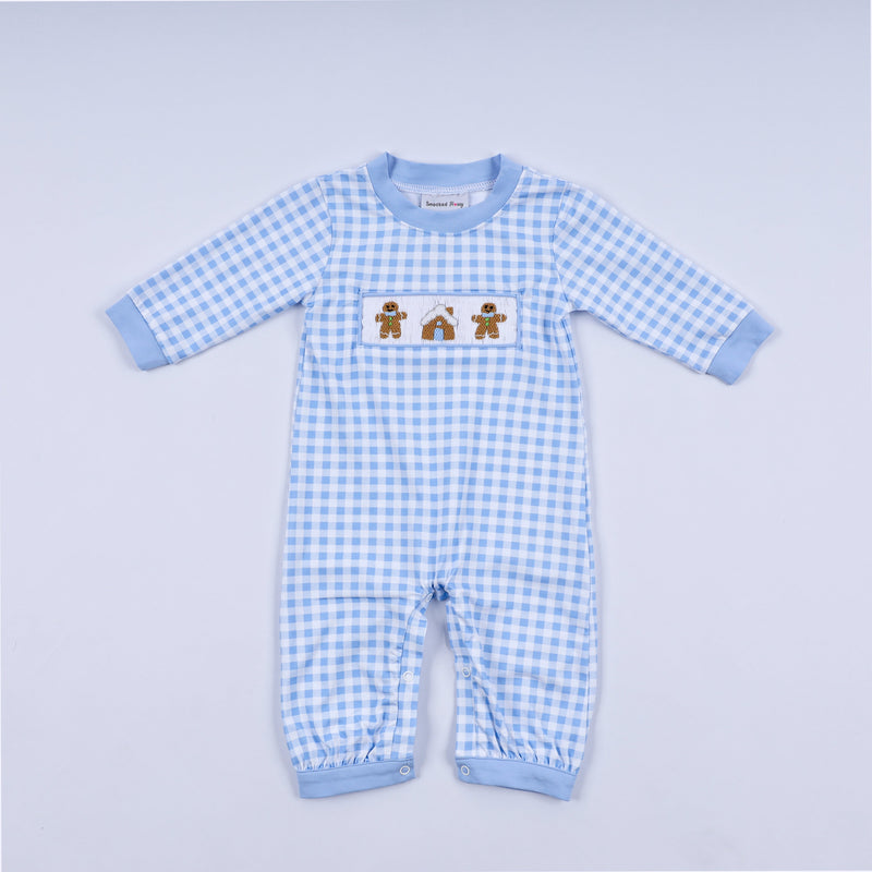 Blue gingerbread hand smocked gingham romper