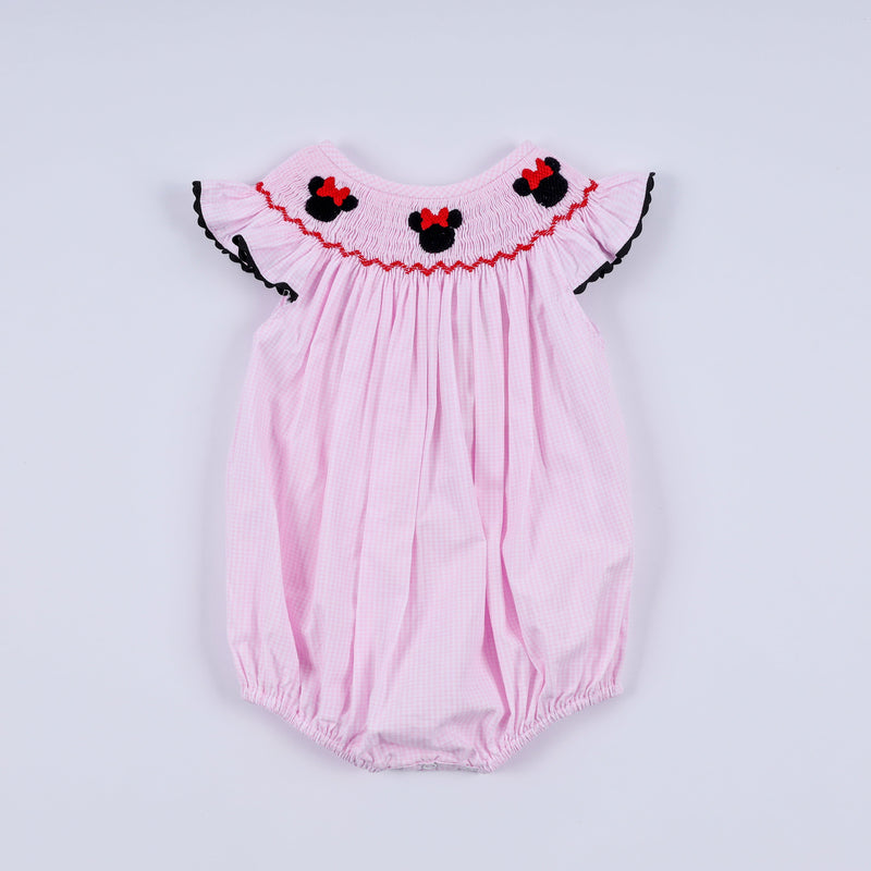 Red character hand smocked plaid ruffle bubble