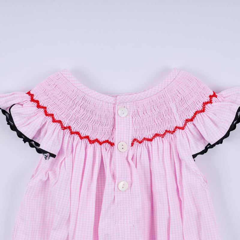 Red character hand smocked plaid ruffle bubble
