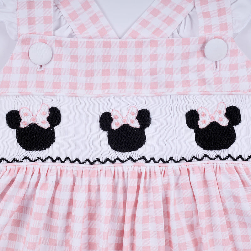 Pink character hand smocked gingham ruffle dress