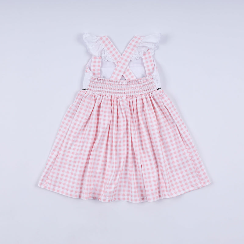 Pink character hand smocked gingham ruffle dress