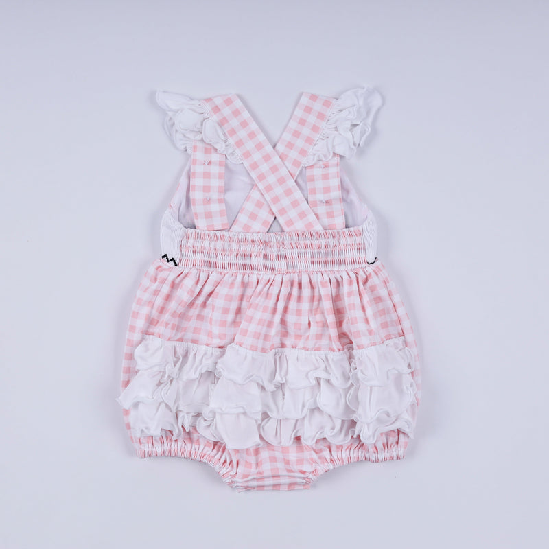 Pink character hand smocked gingham ruffle bubble