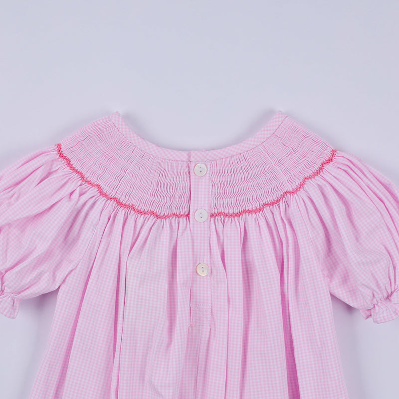 Pink christmas tree hand smocked ruffle romper