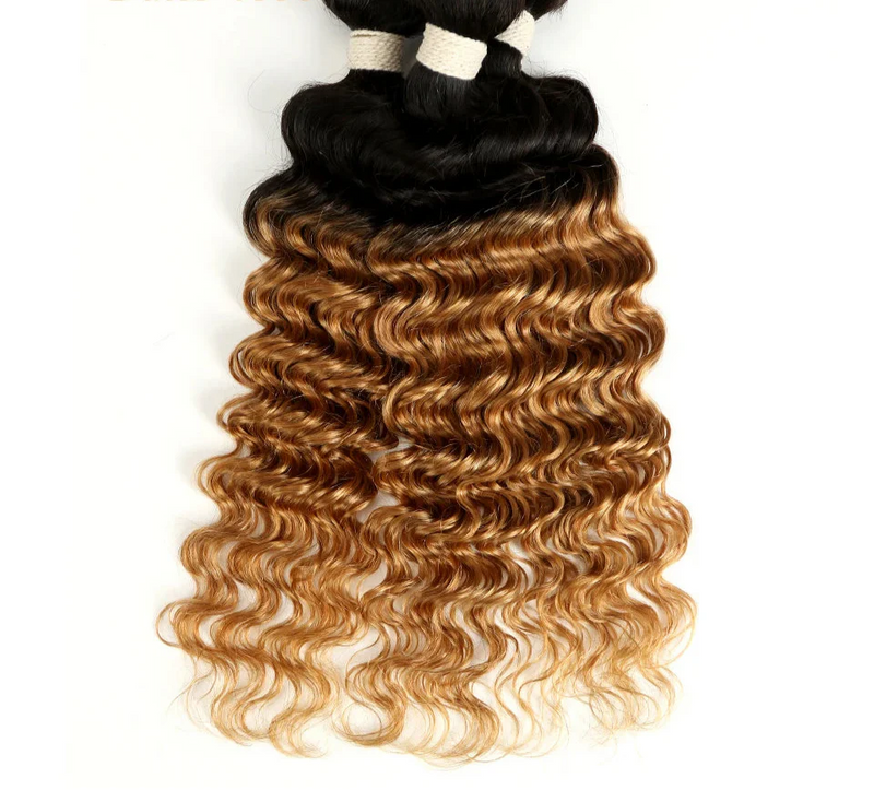 Ombre Brazilian Deep Wave Human Hair Bundles | Remy 2 Tone Color T1B/27#, T1B/30#, T1B/99J# (1, 3, or 4 Pcs)