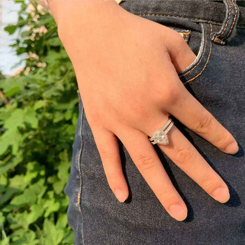 Newshe 2 Pieces Tear Drop Shape Engagement Ring Wedding Band for Women 925 Silver Bridal Jewelry High Grade Cubic Zircons