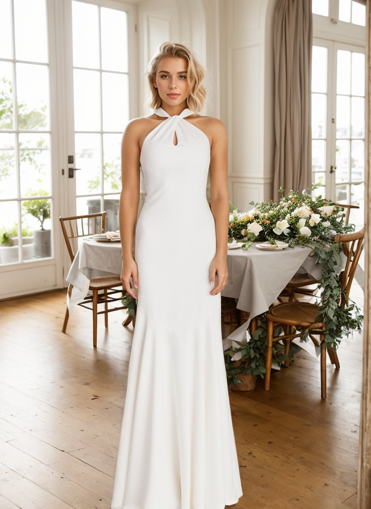 Haltered trumpet style Greece Goddess dress minimalist modern Satin wedding dress little white dress