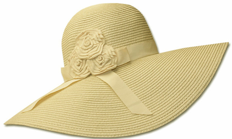 Sakkas Womens UPF 50+ 100% Paper Straw Ribbon Flower Accent Wide Brim Floppy Hat