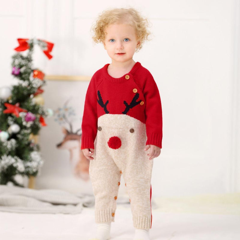 Baby Christmas Rompers Reindeer Knitted  Jumpsuits Toddler Children Warm Wool Clothes 0-2Y For Boys and Girls Christmas Eve Costume