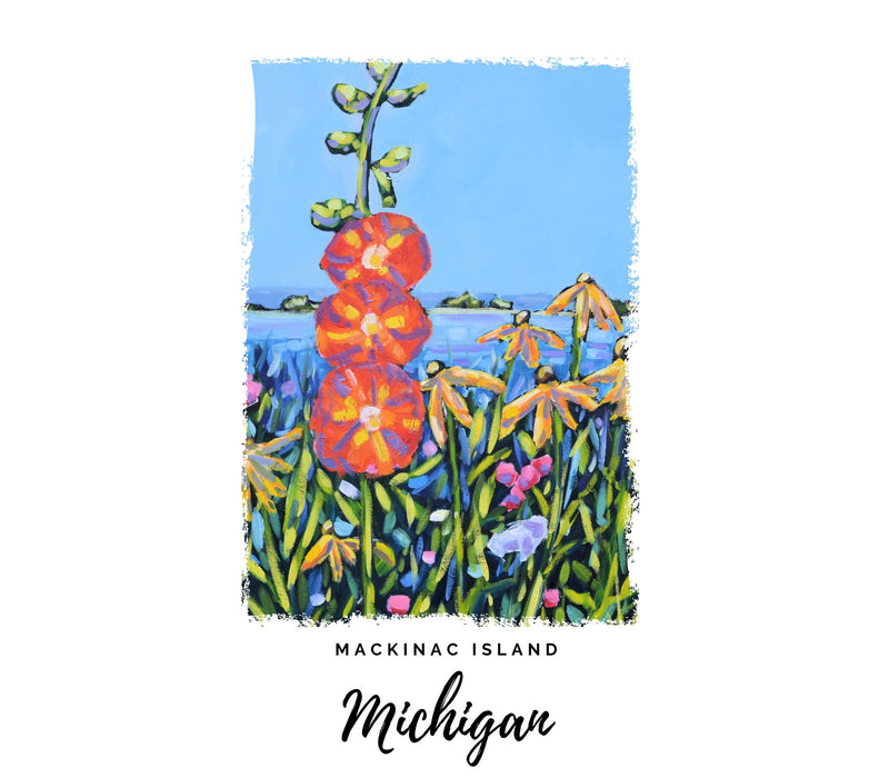 Dish Towel - "Hollyhocks- Mackinac Island Kitchen Towel"
